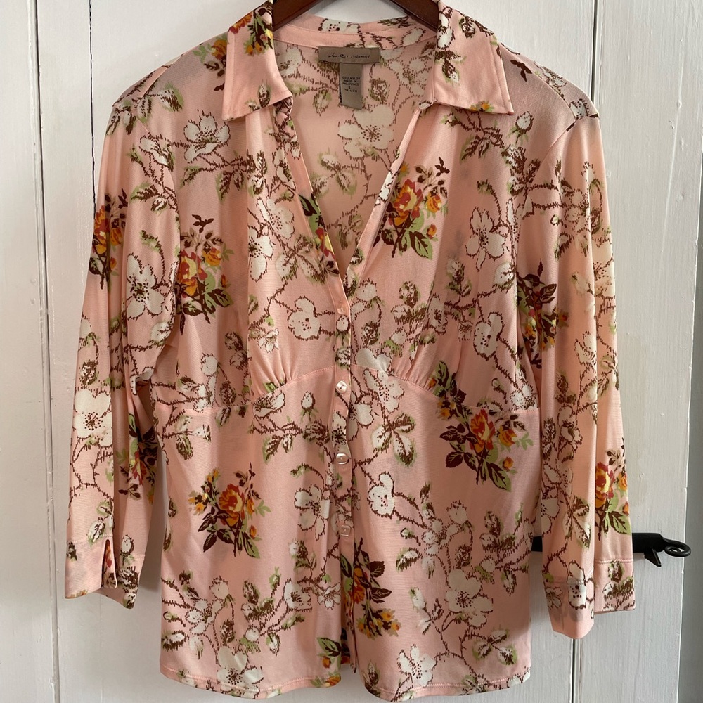 Floral Flowy Soft Pink Empire Style V Neck  3/4 Sleeve Women's Top Size L
